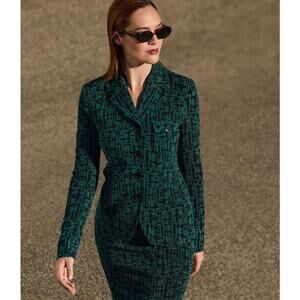 St. John Geo Jacquard Stretch Jacket Skirt Set Green/Black 4